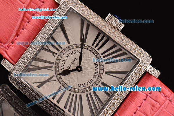 Franck Muller Master Square Swiss Quartz Steel Case Diamond Bezel with Pink Leather Strap and White Dial - Click Image to Close
